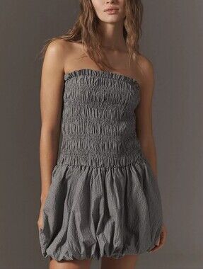 Anthro Strapless Smocked Pinstripe Bubble Dress Mini - Size Medium Petite